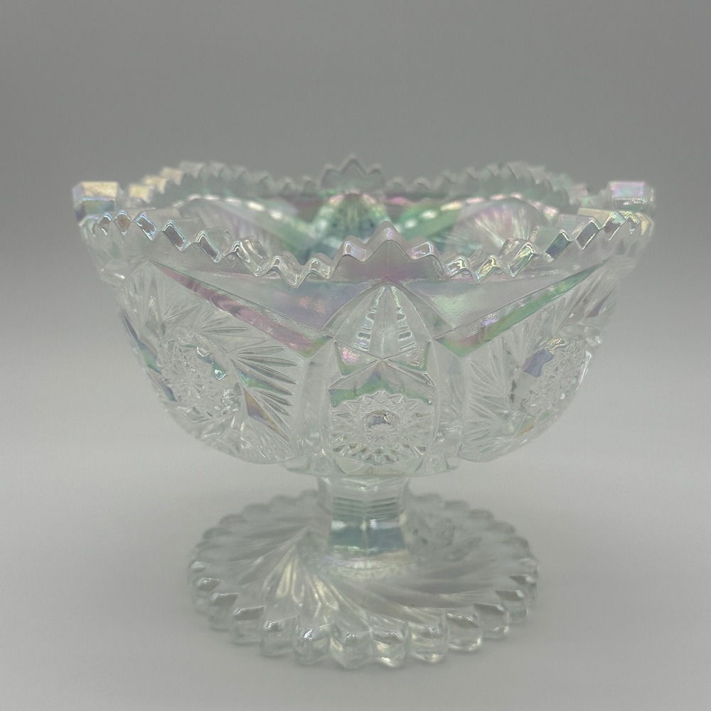 Vintage L.E. Smith Carnival Glass Footed Bowl Iridescent Pinwheel Star Pattern